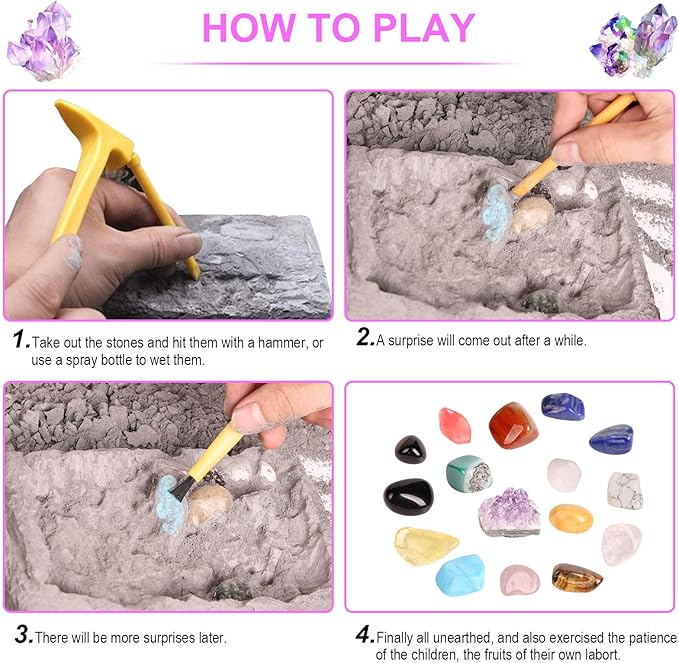 Gemstone Dig Kit, 16 Real Gem Stones and Crystals Excavation Kit, STEM Educational Toys Science Kit for Kids 5-7 8-12,Christmas Stocking Stuffers Gifts for Boys Girls