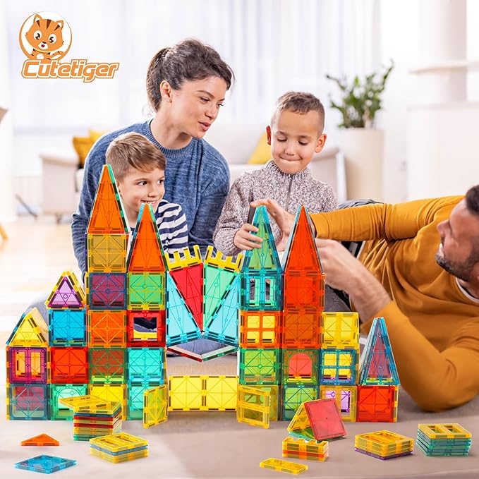 CuteTiger Magnetic Tiles, Magnet Tiles, Magnetic Building Blocks, Square Building Castle, Preschool Toys, STEM Stacking Construction Toys for Boys Girls 3 Years up