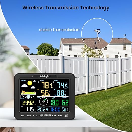 Sainlogic SA68 Home Weather Station with Weather Stations Wireless Indoor Outdoor and Rain Gauge Outdoor for Temperture,Humidity,Forecast,Pressure,Moon Phase,Alarm Clock for Bedroom,Black(No WiFi)