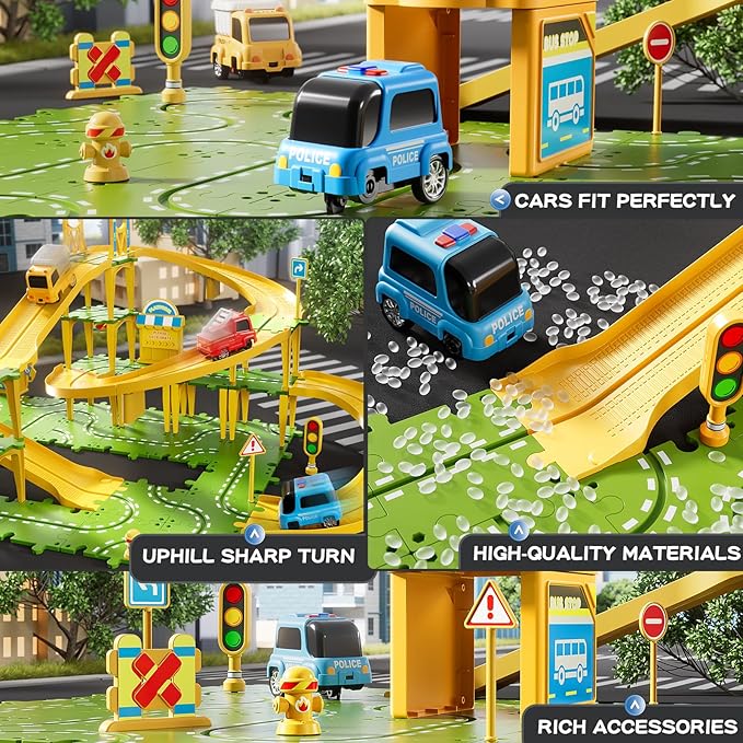 4-Tier Large Puzzle Race Car Track Set for Kids 3-5, Puzzle Tracks Car Play Set, Race Tracks Toys for Toddler Boys 3 4 5 6 Year Old, Birthday Gifts for Kids 3 4 5 6 7 8 Year Old Boys Girls