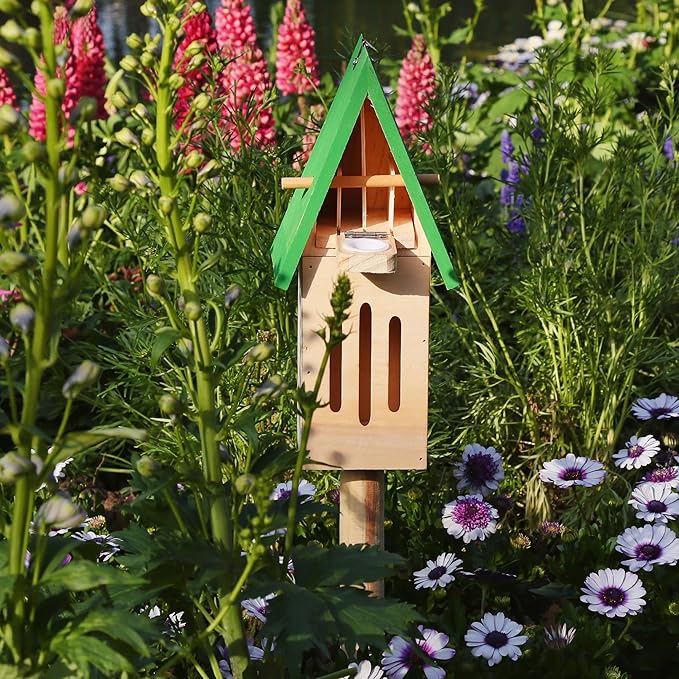 Wooden Butterfly House with Feeder – Outdoor Butterfly Habitat for Garden, Includes Ground Stake & Hanging Hook, Natural Garden Decor