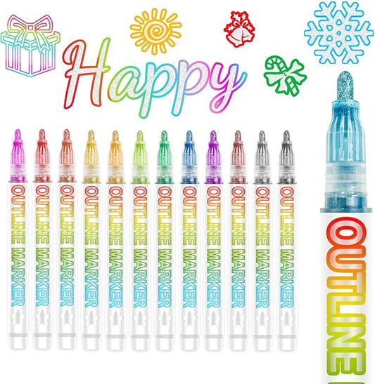 Double Line Outline Markers, 12 Colors Glitter Metallic Outline Markers Set, Stocking Stuffers for Kids Teens Girls, Gifts for 4-12 Year Old Girls, Christmas Gifts for Teenagers