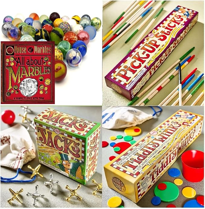 Classic Family Games Collection - Traditional Retro Kids Games for All Ages Including Jacks, Tiddlywinks, Pick Up Sticks and Shooter Marbles Game