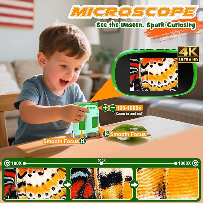 Handheld Microscope Toy for Kids : Rechargeable Telescope and Camera Combo with 6 Slides, Perfect for Indoor Outdoor Exploration, Portable Edu for Age 3-12 Children Students