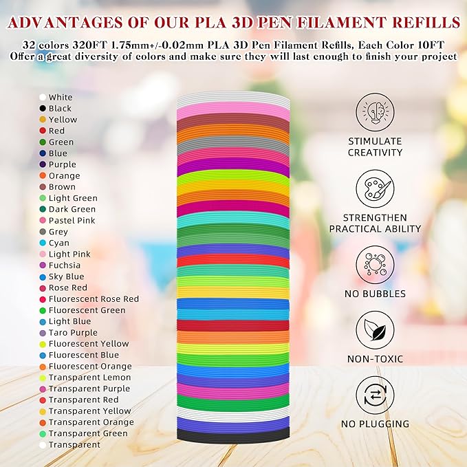3D Pen Filament Refills 32 Colors 320ft Each Color 10 feet 1.75mm PLA 3D Pen Filament Christmas Gifts (32 Colors)