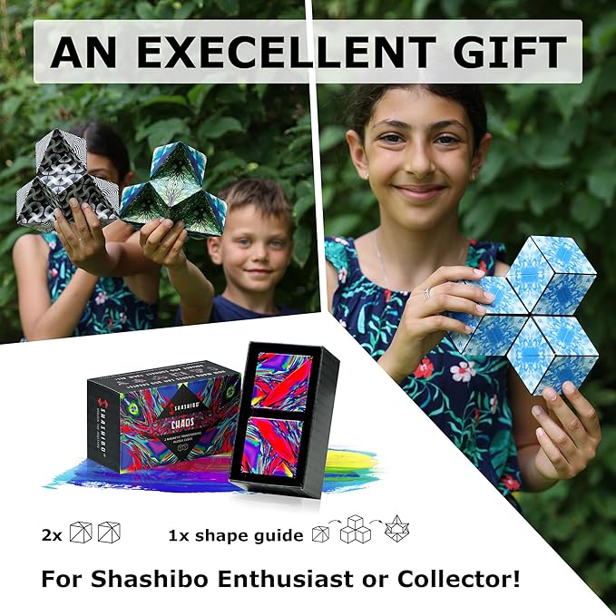 Shashibo Shape Shifting Box - Award-Winning, Patented Fidget Cube w/ 36 Rare Earth Magnets - Transforms Into Over 70 Shapes, Gift Box, Download Fun in Motion Toys Mobile App (Chaos, 2 Pack)