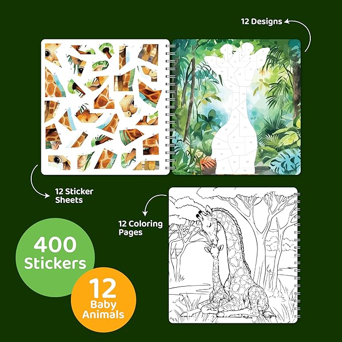 jackinthebox Sticker by Number Book, 12 Scenes Puzzle Paint by Sticker Book + Colouring Pages, Gifts for Birthday, Party Favor Toys for Girls, Arts & Crafts for Kids Age 7 8 9 10 (Baby Animals)