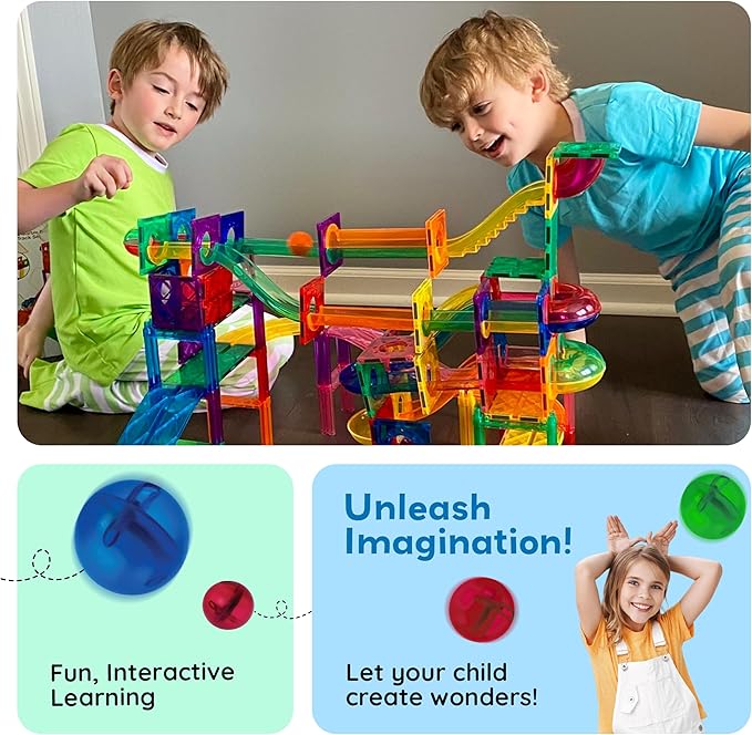 PicassoTiles 70pc Marble Run Magnetic Tiles STEM Set for Kids Ages 3 and Older Magnet Tile Marbles Maze Building Blocks Brain Development Toy Preschool Educational Learning Construction Playset PTG70