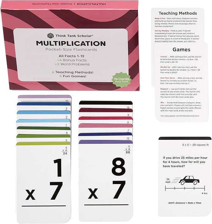 Think Tank Scholar Multiplication Flash Cards (150 Facts) Times Tables Flashcards - All Facts 1-12 for Kids in 3rd, 4th, 5th, 6th Grade - 6 Math Games & Teaching Methods for Classroom/Homeschool