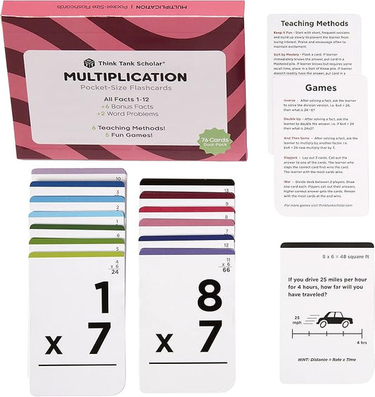 Think Tank Scholar Multiplication Flash Cards (150 Facts) Times Tables Flashcards - All Facts 1-12 for Kids in 3rd, 4th, 5th, 6th Grade - 6 Math Games & Teaching Methods for Classroom/Homeschool