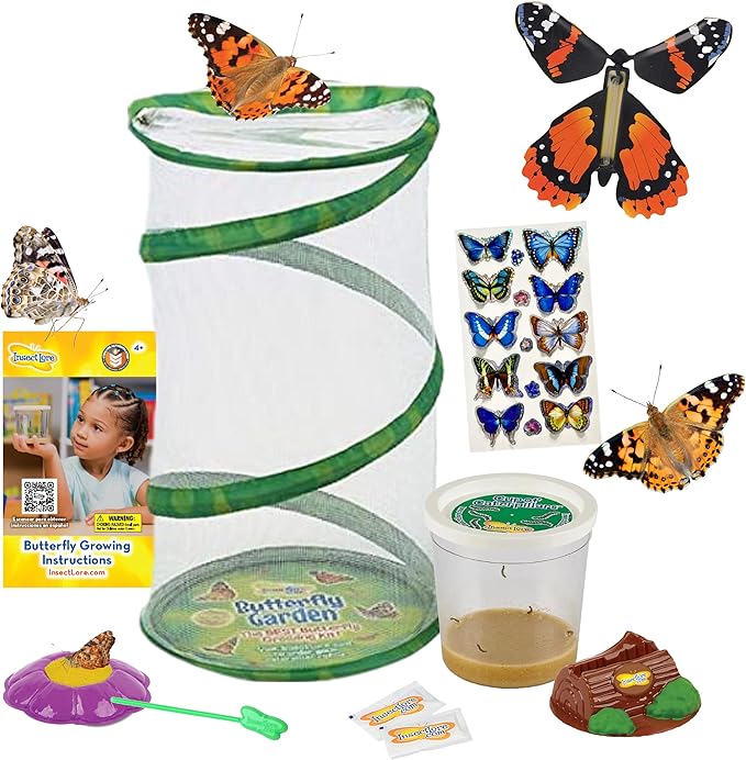 Insect Lore Butterfly Garden Gift Set 8" Habitat - Live Cup of 5 Caterpillars - Includes Stickers and Extras - Life Science & STEM Education Kit - Grow, Raise and Release Painted Lady Butterflies