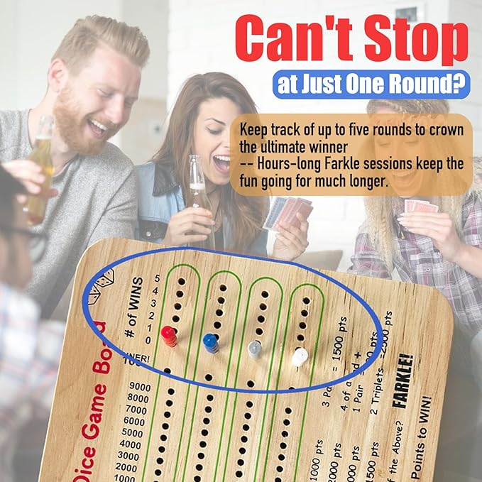 Tuiiopoli Farkle Dice Scoreboard Set, Paper& Pens- Free Design 4 Sets of Colored Player Pegs 6 Wooden Dice for Game Night Party Travel (Original Oak)