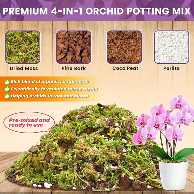 Legigo 6 QT Orchid Potting Mix for Repotting- Include Moss, Pine Bark, Perlite and Coco Peat, Orchid Bark Potting Mix, Orchid Soil for Potting Indoor Plants, Enhanced Drainage & Root Ventilation