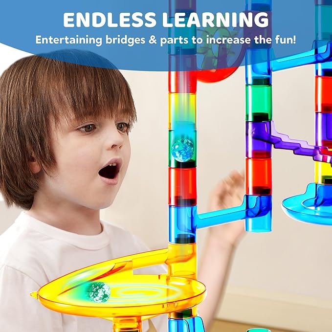 JOYIN 207Pcs Glowing Marble Run, Construction Building Blocks Toys with 5 Glow in The Dark, STEM Toy for Boys and Girls, Educational Toy, Gift for Christmas