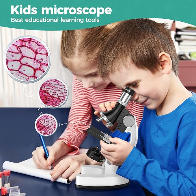 USCAMEL Kids Microscope Science Kit - 1200X Microscope for Kids 8-12 with Prepared Slides Metal Body LED Light Carrying Box Educational Compound Toy Set for Children Ages 5 Year Old Boys & Girls Gift