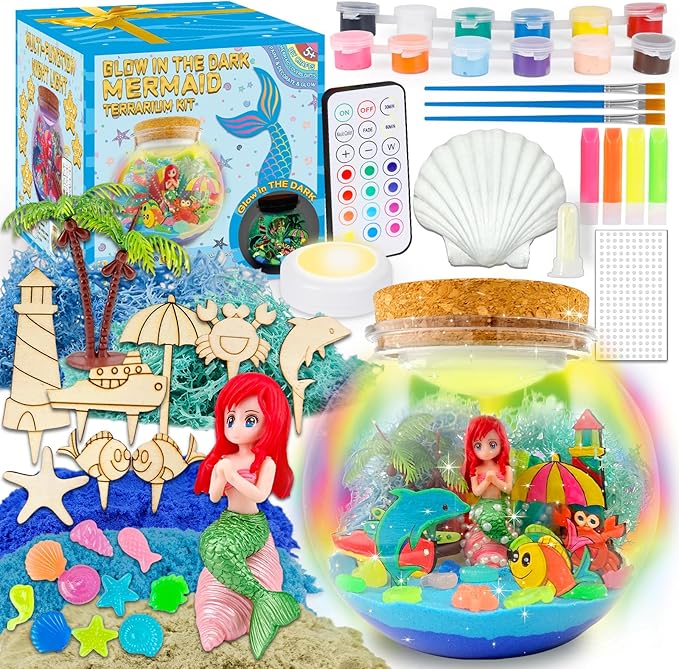 Mermaid Terrarium Kit for Kids - Arts & Crafts Activities Sets With Glow in The Dark Painting - DIY Mermaid Toys Birthday Gifts for Girls Age 5, 6, 7, 8, 9, 10, 11 & 12 Year Old(Mermaid Terrarium)