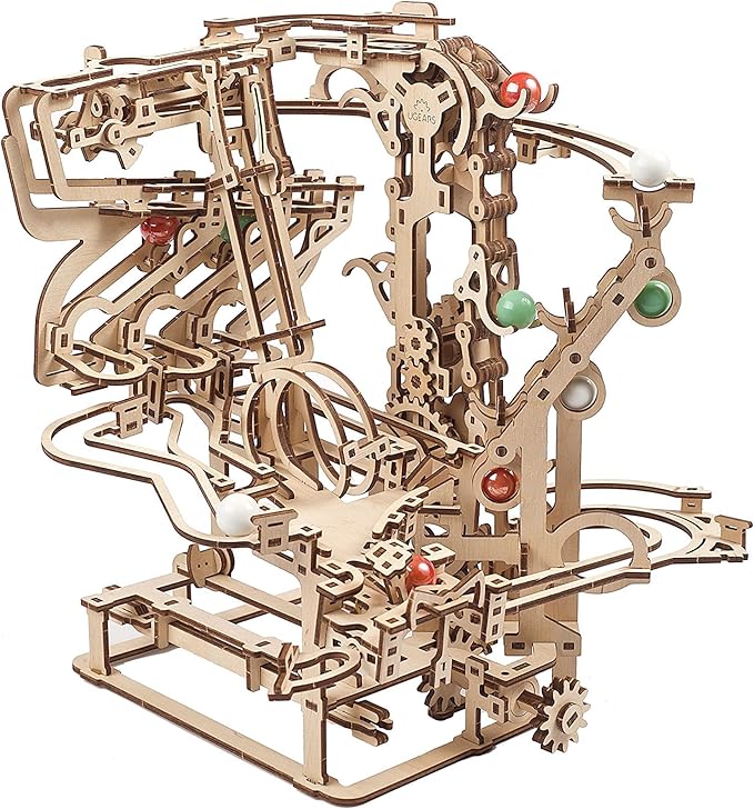 UGEARS 2 in 1 3D Puzzle Marble Run Chain Hoist Plus Stepped Hoist - DIY Marble Run Wooden Puzzle for Adults and Kids