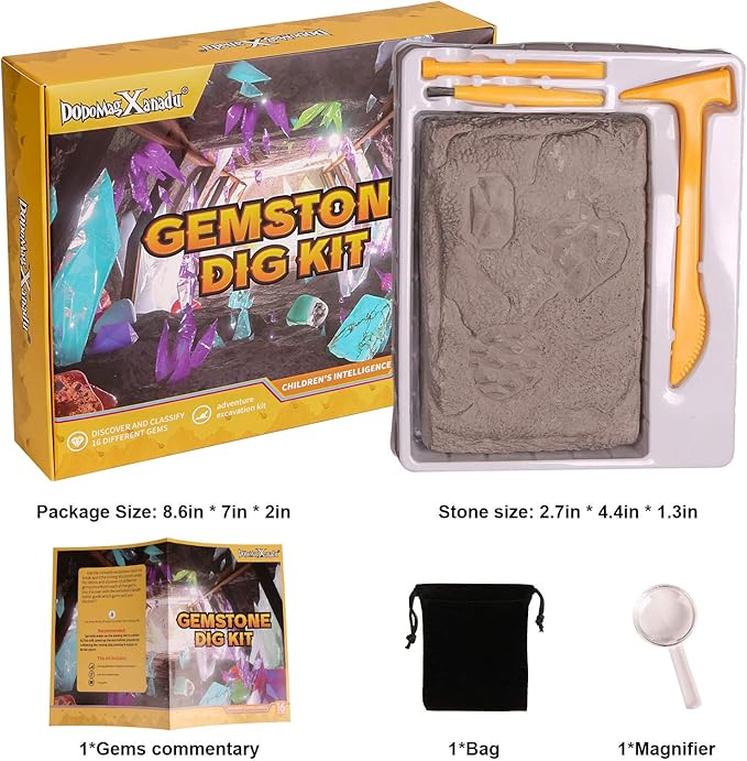 Gemstone Dig Kit, 16 Real Gem Stones and Crystals Excavation Kit, STEM Educational Toys Science Kit for Kids 5-7 8-12,Christmas Stocking Stuffers Gifts for Boys Girls