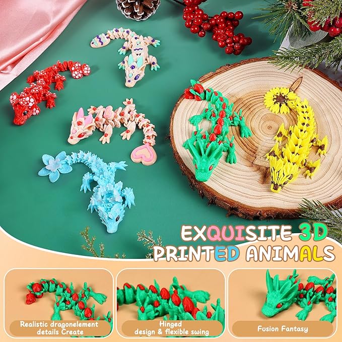 6 Pcs Multicolor 3D Printed Dragon,3D Printed Cherry Blossom Dragon ,Cookie Heart Dragon ,3D Printed Flexible Articulated Dragon Fidget Toys for Home Office Desk Decor,Basket Essentials Stuffers