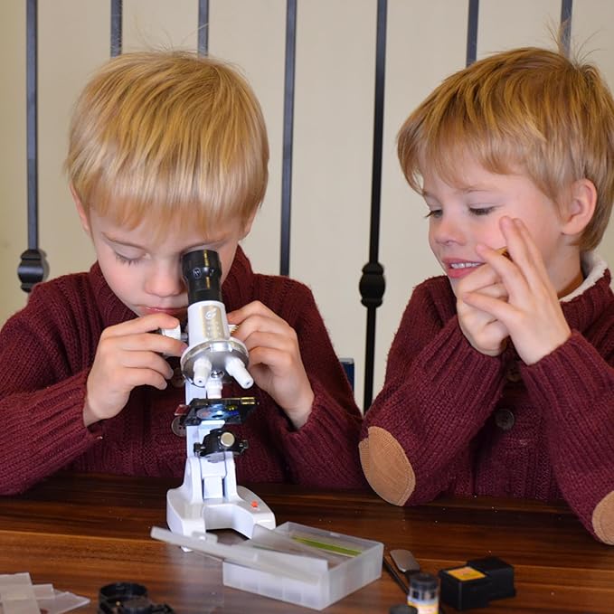 Kids Beginner Microscope Science Kit with 100X-1200X, 13 Prepared Slides & DIY Blank Slides, 18MM HD Len, LED Light Adjustable and ABS Box, Microscope for Kids 5-7 8-12