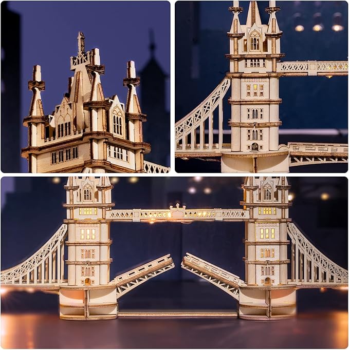 ROBOTIME 3D Puzzle Wooden Craft Kits with LED Light DIY Tower Bridge Construction Model Kit to Build for Teens Brain Teaser Puzzle Home Decor Birthday Gifts