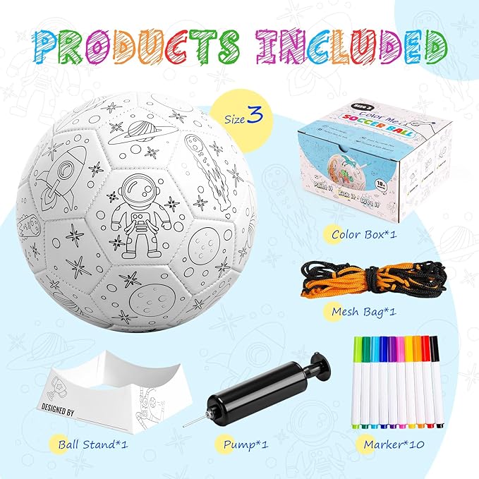 ZOOJOY Color Your Own Soccer Ball with Markers, Soccer Gifts for Girls Boys, Size 3 Astronaut Paint Personalized Arts and Crafts Kit for Kids, Ball Game Birthday Gift Toys for Toddlers 3-10