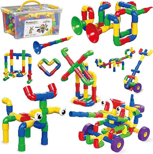 PicassoTiles PTT136 136pcs Tubular Pipes & Spout STEAM Interlocking Educational Building Block Set, Tube Locks, Pipeworks Construction Blocks w/Storage Container Box, Idea Book, Flute Musical Kit