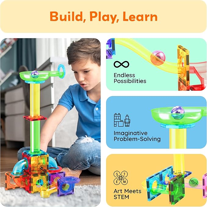 PicassoTiles 4pc Marbles for Magnetic Block Tiles Marble Run Race Track Magnet Building Tile Blocks Racetrack Maze Construction Toys Creative Toy Girls Boys 3 and Up Early Education STEM Learning Kit