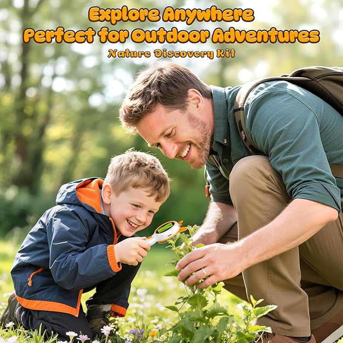 3-in-1 Kids Microscope and Camera - 2" LCD, 600x, Adjustable Focus, Handle Magnifying Glass, Portable Handheld for Outdoor Exploration, STEM Learning, 8GB SD Card Included
