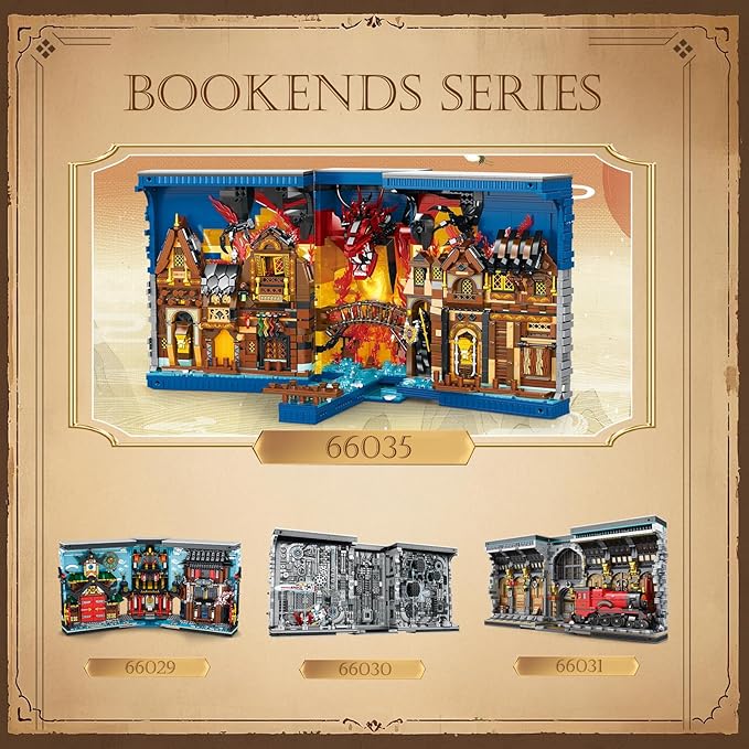 Reobrix Shire Booknook Building Set with Light, H.obbit-Themed DIY Bookend Building Block Kit for Adults, Medieval Dragon Book Nook 3398PCS, Bookshelf Home Decor for Kids Boys Girls Age 14+