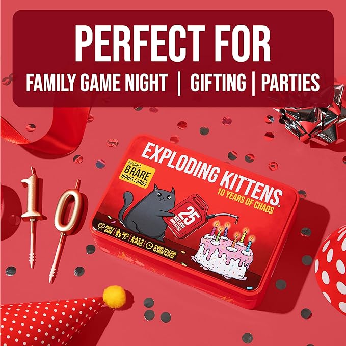 Exploding Kittens -10th Anniversary Collectible Tin (New Edition) – Updated with 8 Legacy Cards – Hilarious Fast-Paced Card Game for Adults and Kids, Travel Friendly, Ideal for Family Game Night