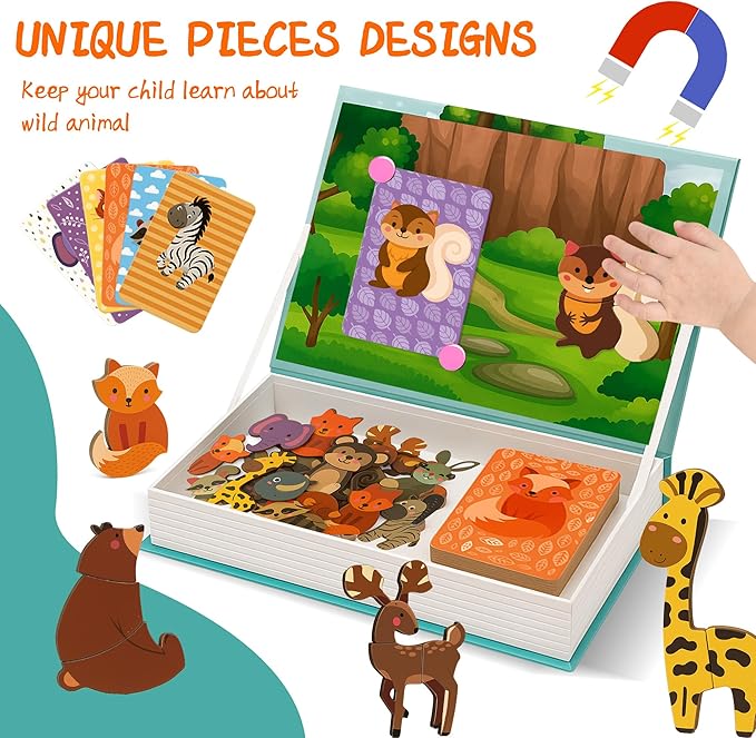 Animal Magnetic Busy Book for Toddlers, Montessori Quiet Travel Toy with 45 Magnets & 14 Activity Cards - Magnet Puzzles Airplane Toys for Kids Ages 3+, Educational Preschool Learning Game