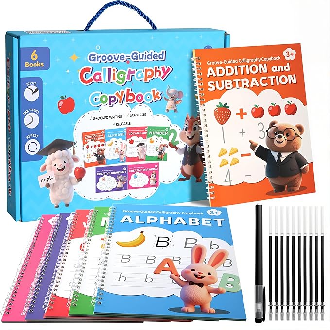 KAK Magic Grooved Writing Practice, grooved Handwriting Practice for Kids 6 Books Ages 3-8, Includes Pen Grips & 10 Refills,Preschool Learning
