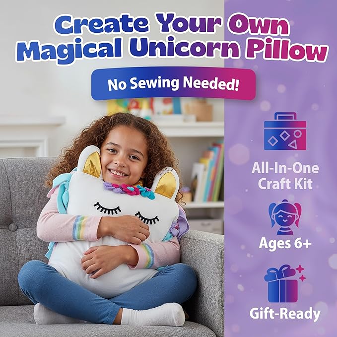 Unicorn Pillow Kit - No Sew Unicorn Craft Kit - Gifts for Girls, Arts and Crafts for Kids Ages 4-8 - Unicorn Toys for 6 Year Old Girl Gifts, Birthday, Easter, Toddlers, Teens