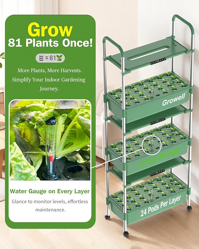 Large Hydroponics Growing System Kit, Vertical Indoor Herb Garden Kit with LED Grow Light & Independent Water Pump, 42L Movable Indoor Planter Perfect Gardening Gifts (3 Tier-81 Pods Green)
