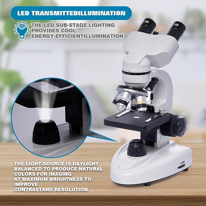 SELFIE CAT Binocular Compound Microscope 200X-5000X Magnification Microscope for Adults & Kids & Students, Binocular Laboratory Microscope with Wide Field, Microscopes Eyepieces Kit for School & Home
