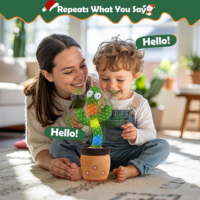 Rechargeable Dancing Talking Cactus Toy for Baby Toddler, Stocking Stuffers for Kids,Singing Mimicking Recording Repeating with 120 Songs, tummy time toys for Girls Boys, Birthday or Chirstmas Gifts