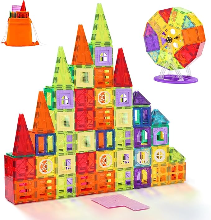 VEVOR Magnetic Tiles, 181 PCS Magnetic Blocks for Kids, Magnet Building Set with Car Bases/Ferris Wheel/Letter & Digital Cards, STEM Construction Stacking Toys for Toddlers Boys Girls Aged 3 Years