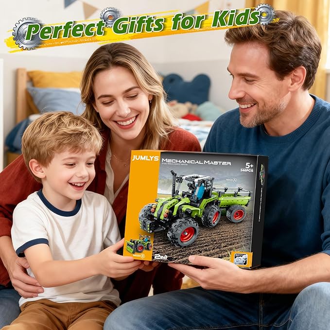 Jumlys STEM Building Toy for Kids Boys Girls Age 5, 6, 7, 8, 9, 10, 11, 12 Years Old, 2 in 1 Tractor Bulldozer Building Sets, 346 Pcs DIY Engineering Construction Building Blocks Kits