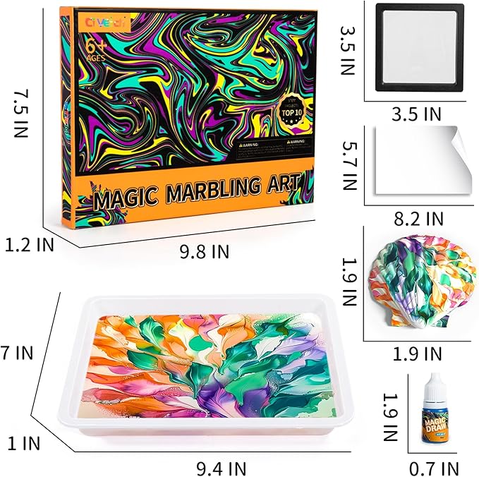 Water Marbling Paint Kit for Kids, Arts & Crafts, Non-Toxic, Age 3-12, Includes 6 Colors, 10 Sheets, Tools, 12 Shells, 2 Display Boxes