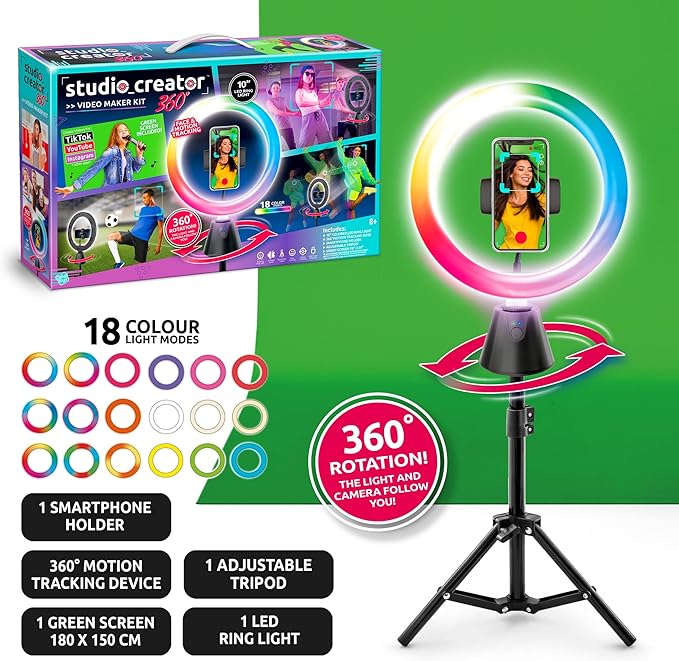 Canal Toys Studio Creator 360 Video Maker Kit, Green Screen and Tripod, Face and Motion Tracker, 10" Light Ring