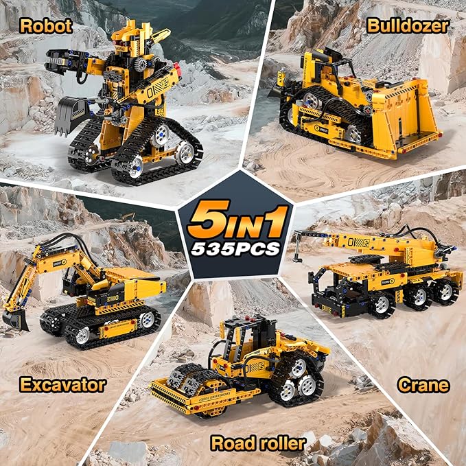 5 in 1 Building Toys STEM Robotics Kit for Kids 6-14, Remote & APP Controlled STEM Excavator/Truck/Robot/Bulldozer/Roller, 535 PCS Blocks RC Robot Erector Sets, Birthday Gift for 8 10 11 12+ Years Old