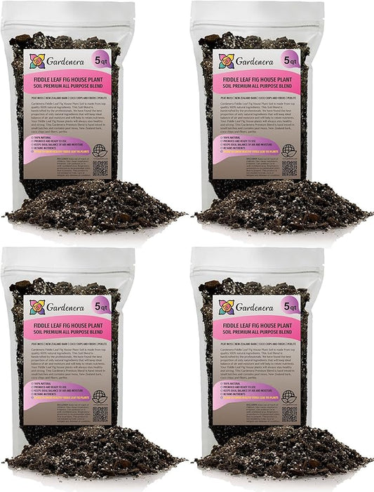 Gardenera Fiddle Leaf Fig Soil Mix - 20 Quart - Premium Blend of Peat Moss, New Zealand Bark, Coco Chips, and Perlite for All Purpose Planting - 4 Bags of 5 Quart