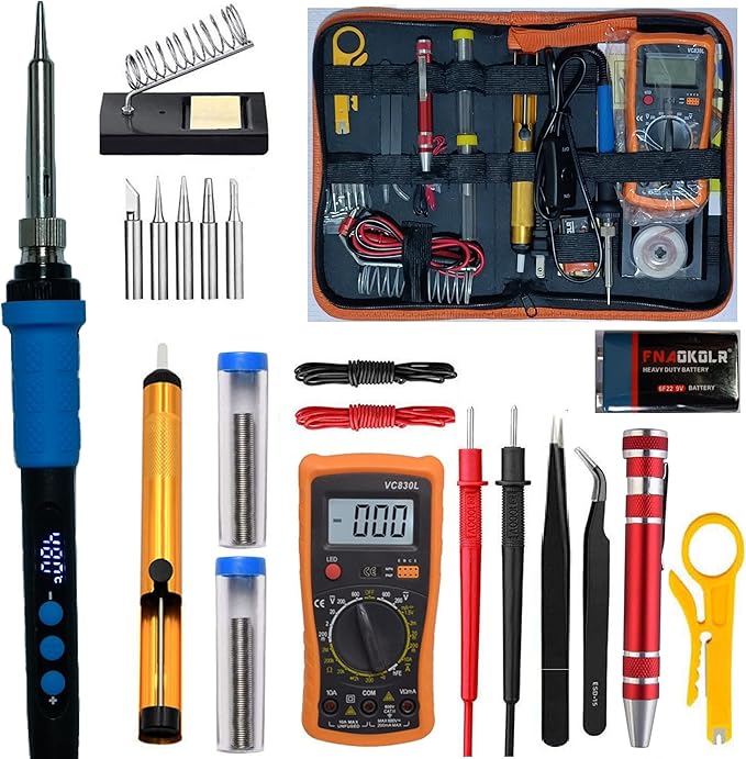 Soldering Iron Kit, LCD digital display, inner-heat, Adjustable Temperature Soldering Iron, Digital Multimeter Kit, Multi Tester, 5pcs Solding Tips (Orange)