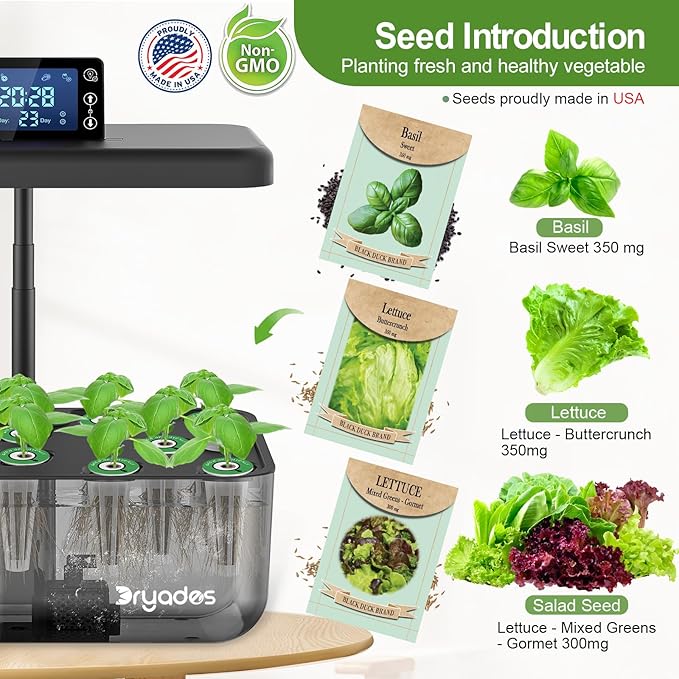 Hydroponic Growing System Kit with Operation Screen + 3 Free Seeds (Lettuce, Salad Mixed, Basil), 12 Pods Indoor Smart Gardening Herb Planter, 24W Full Spectrum LED Grow Light Growing System (Black)