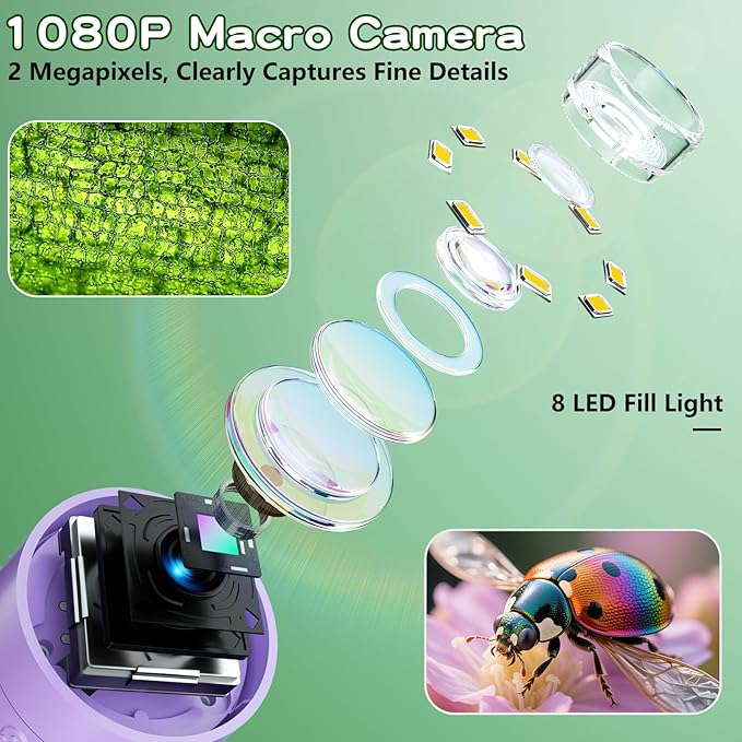 Microscope for Kids with 12 Slides, 100X-1000X 1080P Digital Handheld Kids Microscope, Mini Portable Pocket Miniscope Science Toys Gifts for 3+ 4 5 6 7 8 9 10 11 12 Year Old Boys Girls, Purple