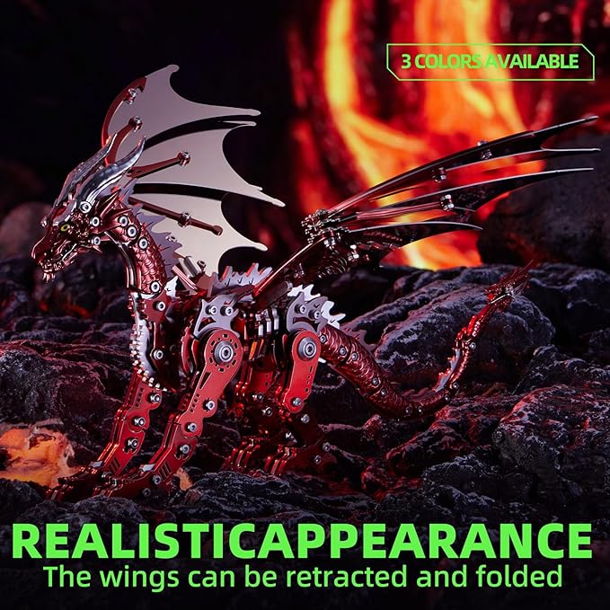 OreilleStar 3D Metal Dragon Puzzle, Mechanical Model Building Kit, Green and Red Assembly Puzzle for Adults Gift (Red Dragon)