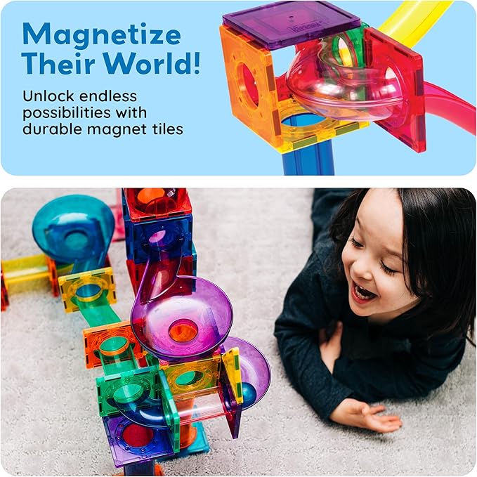 PicassoTiles 70pc Marble Run Magnetic Tiles STEM Set for Kids Ages 3 and Older Magnet Tile Marbles Maze Building Blocks Brain Development Toy Preschool Educational Learning Construction Playset PTG70