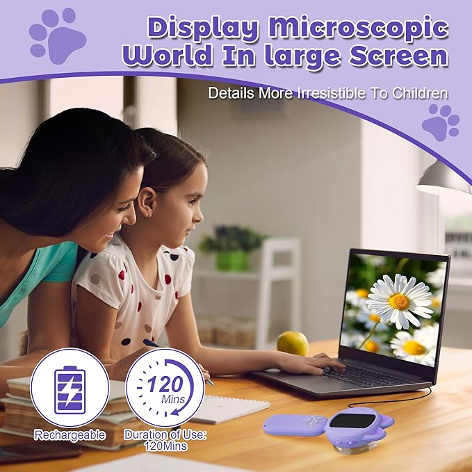 Microscope for Kids, 2Inch IPS Screen Digital Microscope, Kids Miniscope with 8Led Lights, Portable Mini Scope for Kids Educational Science Toys, Birthday for Age 3-12 Years (Purple)