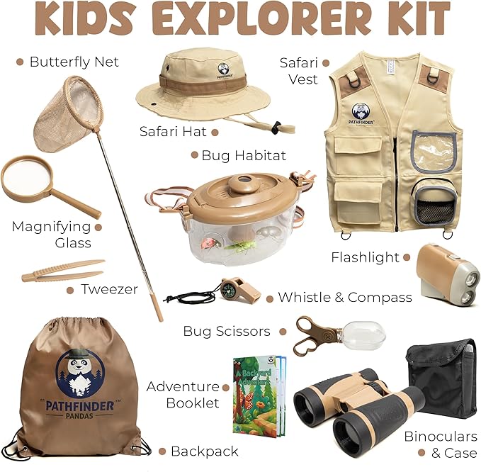Kids Bug Catching Kit - Complete Explorer Kit with Safari Vest, Hat & More - Cute Dress-Up Safari Costume, or Zoo Keeper - Outdoor Explorer Set & Bug Toys for 7-12 Year Old Boys Girls + Adventure Book